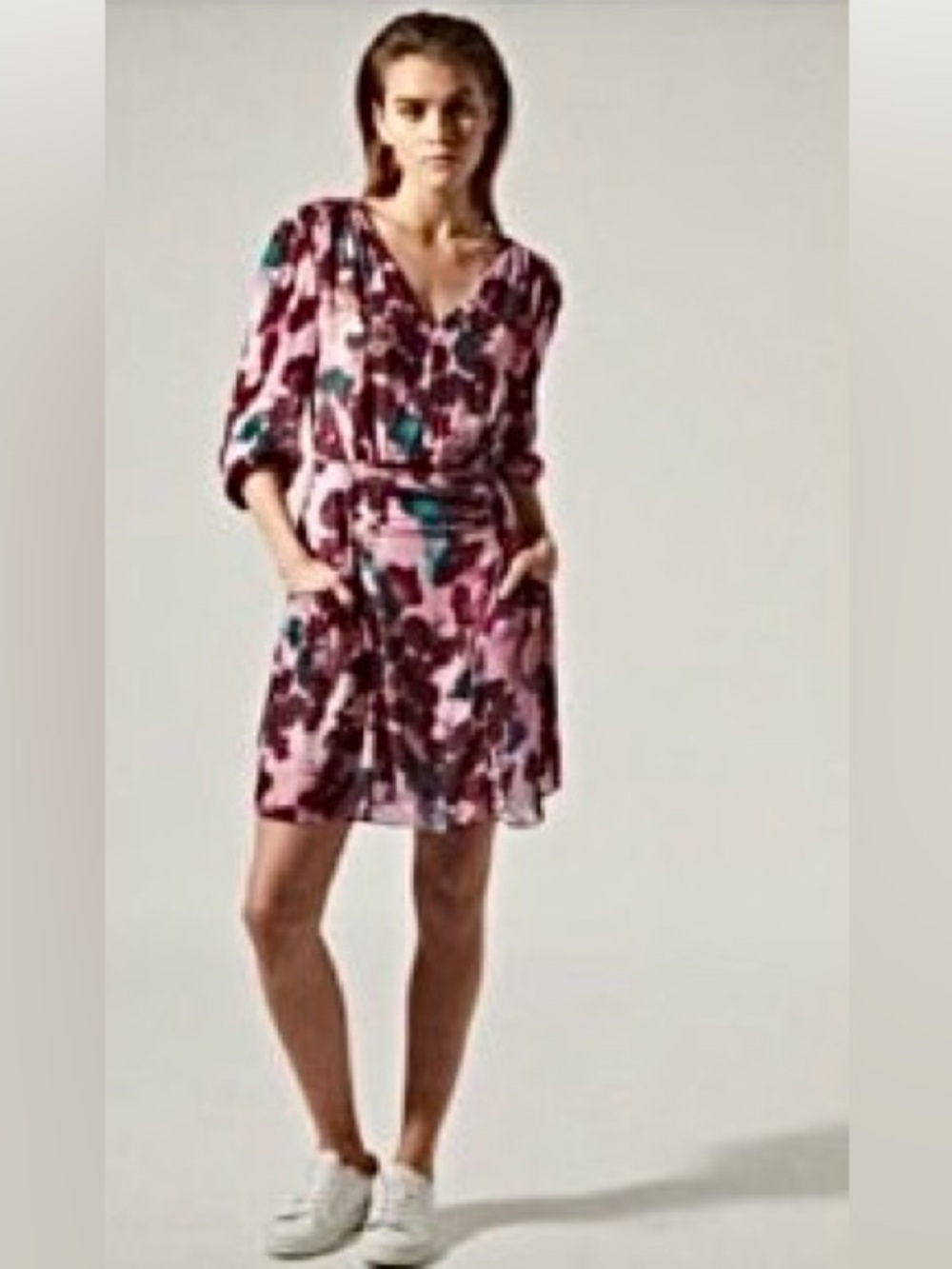 REISS Josephine Watercolor Pink/Plum Floral Mini Dress Ruched Waist M MSRP $298